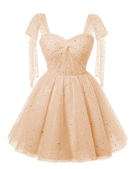 Sparkly Starry Blush Pink Tulle Robes à la maison courte Spaghetti Bands à arc Robe Prom Robe de cocktail à paillettes pour les adolescents