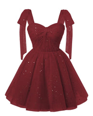 Sparkly Starry Bourgogne Tule Kort hjemkomstkjoler Spaghetti Bow Stropper Prom kjole Sequin Cocktail Party Dress For Teens