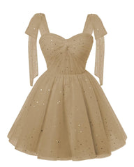 Sparkly Starry Champagne Tyll Short Homecoming Dresses Spaghetti Bow Straps Prom Dress Sequin Cocktail Party Dress For Teens