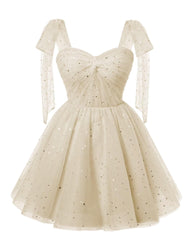 Sparkly Starry Light Champagne Tulle Korte Homecoming -jurken Spaghetti Bow Bead Braps Prom Dress Pargin Cocktail Party -jurk voor tieners