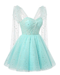 Sparkly Starry Champagne Tyll Short Homecoming Dresses Spaghetti Bow Straps Prom Dress Sequin Cocktail Party Dress For Teens