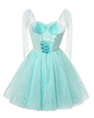 Sparkly Starry Light Champagne Tulle Korte Homecoming -jurken Spaghetti Bow Bead Braps Prom Dress Pargin Cocktail Party -jurk voor tieners