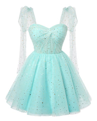 Sparkly Starry Mint Green Tulle Short Homecoming Robes Spaghetti Bow Stracles Robe Prom Robe cocktail à paillettes pour les adolescents