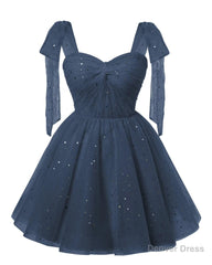 Sparkly Starry Navy Blue Tulle Short Homecoming Dresses Spaghetti Bow Straps Prom Dress Sequin Cocktail Party Dress for Teens