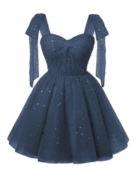 Sparkly Starry Navy Blue Tulle Short Homecoming Dresses Spaghetti Bow Rems Prom Dress paljett Cocktail Party Dress for Teens