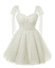 Sparkly Starry White Tule Short Homecoming -jurken Spaghetti Bow Br bougjes Prom jurk pailletten cocktail party jurk voor tieners