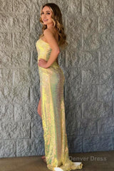 Sparkly Yellow Sequins Mermaid Long Prom Dress with Appliques