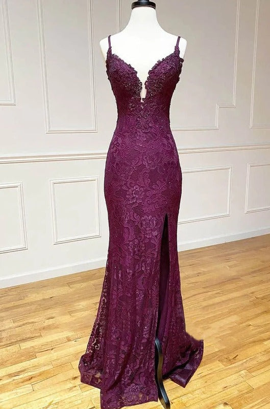 mermaid/trumpet spaghetti straps grape lace beaded long prom dress formal evening dress