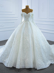 Stand Out With White Tulle Embrodiery Appliques Off the Shoulder Long Sleeve Beading Sequins Wedding Dresses