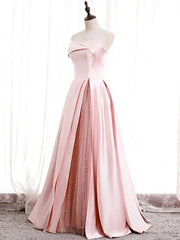 Strapless A-line Pink Satin Prom Dresses, Pink Satin Long Party Dresses