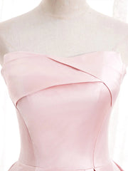 Strapless A-line Pink Satin Prom Dresses, Pink Satin Long Party Dresses