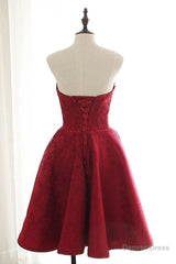 Strapless Backless Burgundy Lace Short Prom Dress, Short Burgundy Lace Homecoming Dress