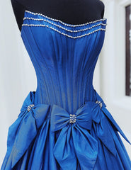 Strapless Ball Gown Long Prom Dresses with Beading and Bow