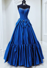 Strapless Ball Gown Long Prom Dresses with Beading and Bow