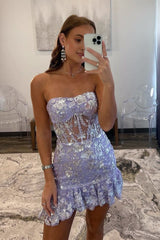 Strapless Lavender Sequin Tight Mini Dresses with Ruffles