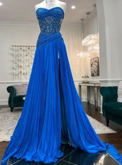 Strapless Long Prom Dresses with Beading and Slit