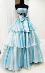 Strapless Long Prom Dresses with Bow and Ruffle Skirt