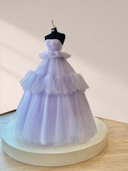 Strapless Pleated Tulle Ball Gown Tiered A Line Prom Dresses Floor Length Party Dresses