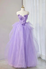 Strapless Purple Long Tulle Prom Dresses with Flower, Purple Floral Long Tulle Formal Evening Dresses