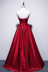 Strapless Red Satin Long Prom Dresses, Dark Red Long Formal Evening Dresses