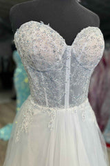 Strapless White Lace Corset Long Formal Dresses with Rhinestones