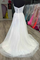 Strapless White Lace Corset Long Formal Dresses with Rhinestones