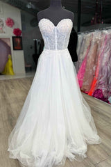 Strapless White Lace Corset Long Formal Dresses with Rhinestones