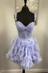 Straps Lavender A-line Ruffle Short Homecoming Dresses