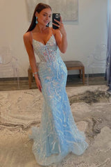 Straps Light Blue V-Neck Sequin Appliques Mermaid Prom Dresses