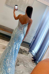 Straps Light Blue V-Neck Sequin Appliques Mermaid Prom Dresses