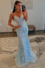 Straps Light Blue V-Neck Sequin Appliques Mermaid Prom Dresses