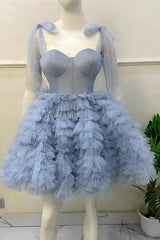 A Line Straps Tulle Short Prom Dresses, Above Knee Homecoming Gown