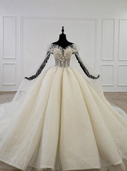 Stunning Champagne Ball Gown Tulle Sequins Off the Shoulder Appliques Wedding Dresses