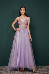 Stunning Front Split Spaghetti Straps Long A Line Beaded Prom Dresses