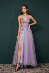 Stunning Front Split Spaghetti Straps Long A Line Beaded Prom Dresses