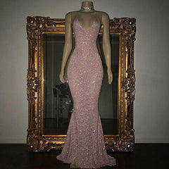 Stunning Long Halter Spaghetti Straps Sequined Mermaid Prom Dresses