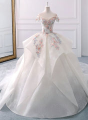 Stunning Off The Shoulder Flower Ball Gown Lace Wedding Dresses