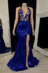 Stunning V-Neck Sleeveless Prom Dresses Mermaid Sequins With Split