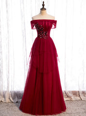 Stylish Burgundy Tulle Off the Shoulder Appliques Beading Prom Dresses