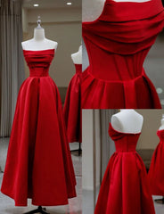 Stylish Red Satin Backless Pleated A Line Evening Gown Prom Dresses