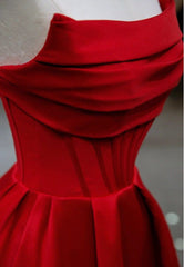 Stylish Red Satin Backless Pleated A Line Evening Gown Prom Dresses