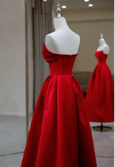 Stylish Red Satin Backless Pleated A Line Evening Gown Prom Dresses