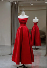 Stylish Red Satin Backless Pleated A Line Evening Gown Prom Dresses