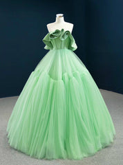 Stylish Green Ball Gown Tulle Strapless Pleats Long Prom Dresses