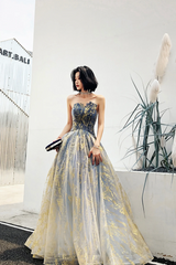 Stylish Tulle Sequins Long Prom Dresses, A-Line Strapless Evening Party Dresses