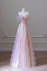 Stylish Tulle Sequins Long Prom Dresses, A-Line Sweetheart Neckline Evening Dresses