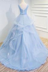 Sweetheart Baby Blue Organza V Neck Ruffles Appliques Prom Dresses