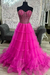 Sweetheart Fuchsia Beaded Ruffles Tulle Prom Dresses