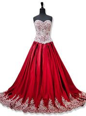 Sweetheart Gold Lace Appliques Ball Gowns Red Prom Dresses