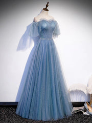 Sweetheart-Neck Tulle Flare Sleeves Beaded Sequin Prom Dresses Formal Evening Dresses